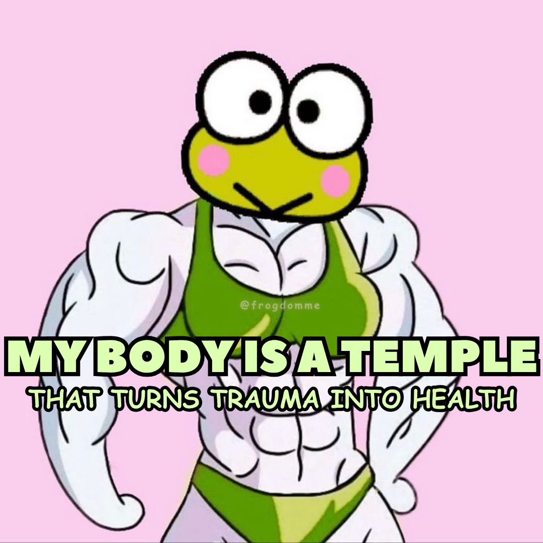 kuroppi the from from sanrio is a body builder wearing a green bikini on a pink back